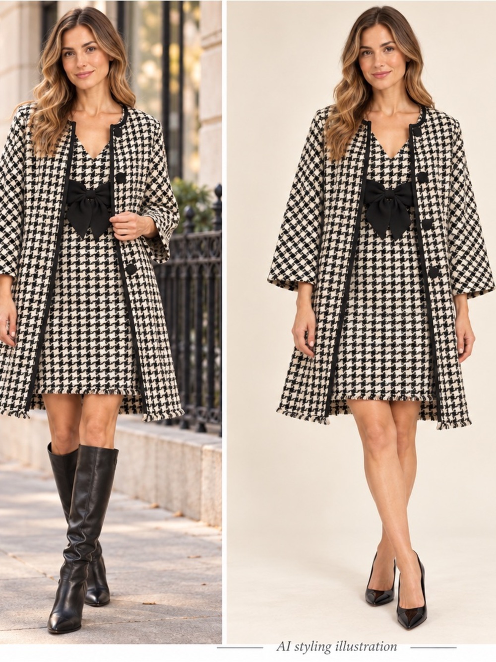Kate Spade  Black and White Houndstooth Long Coat and dress set